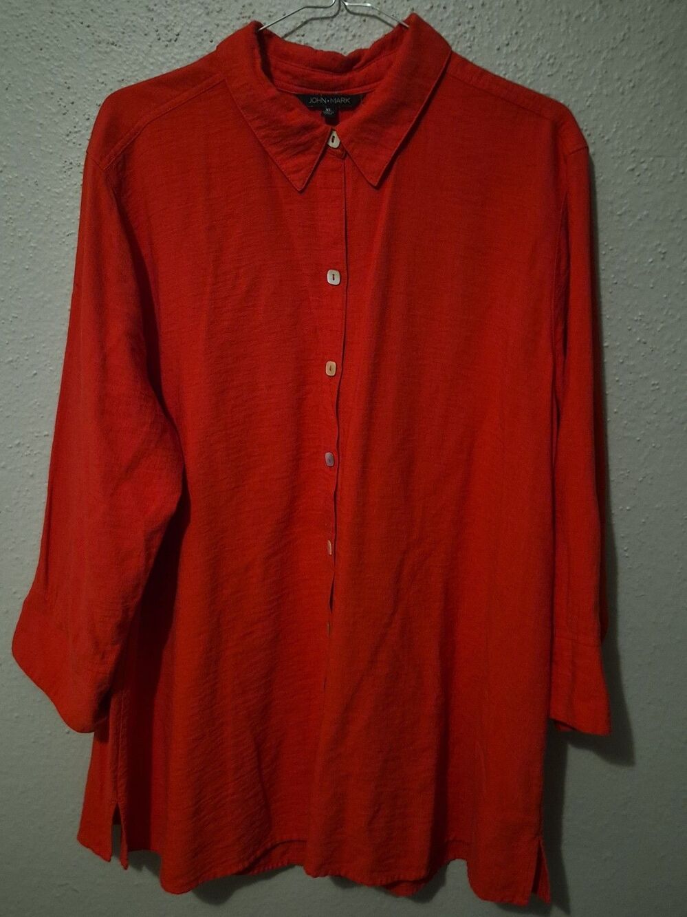 John Mark XL Red Button Front Tunic Blouse Sleeve Artsy lagenlook Holiday